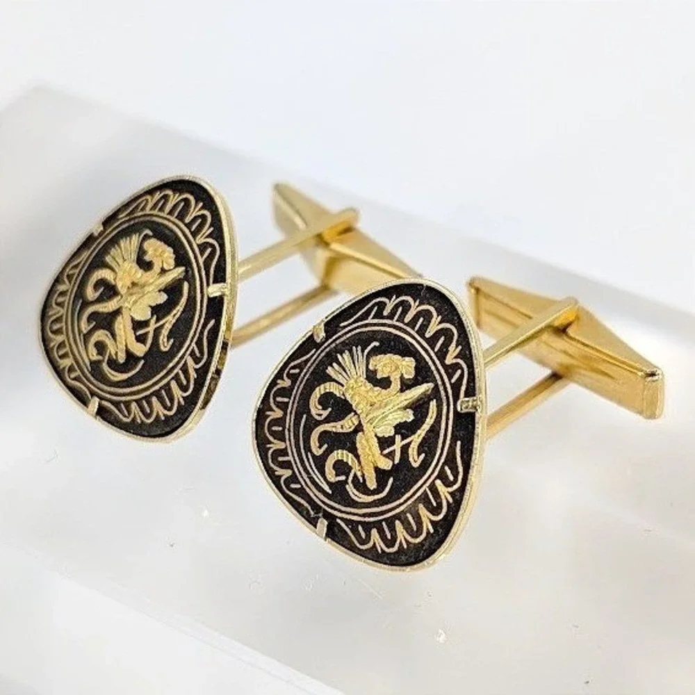 Vintage Damascene Dragon Cufflinks Gold Tone Black Enamel Triangle Heraldic